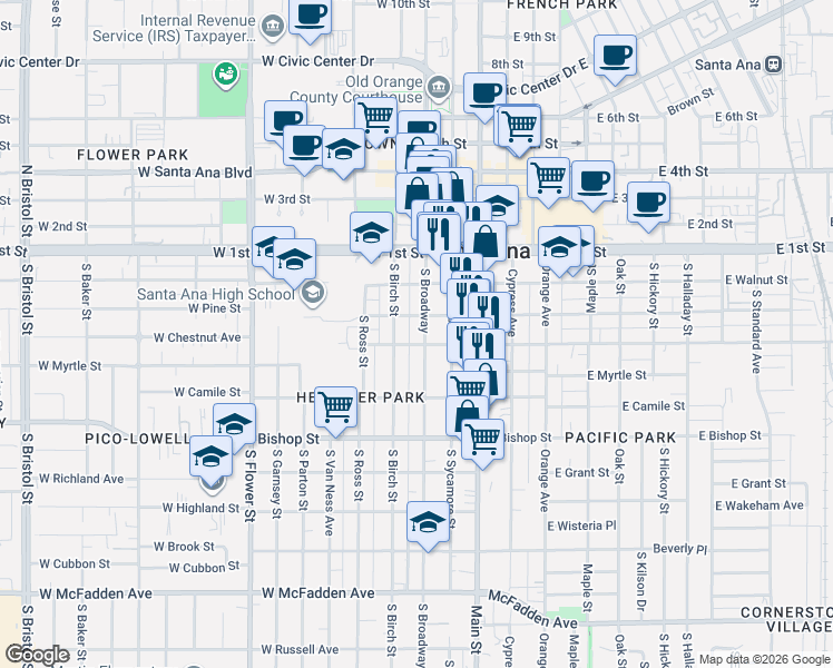 map of restaurants, bars, coffee shops, grocery stores, and more near 314 South Broadway in Santa Ana