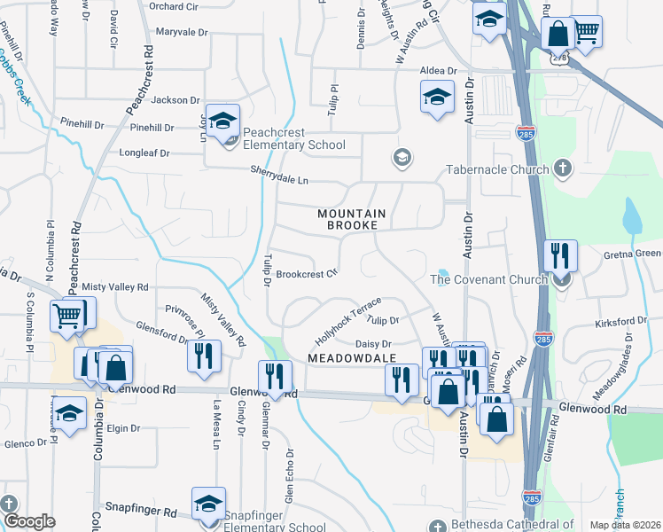 map of restaurants, bars, coffee shops, grocery stores, and more near 3659 Brookcrest Circle in Decatur