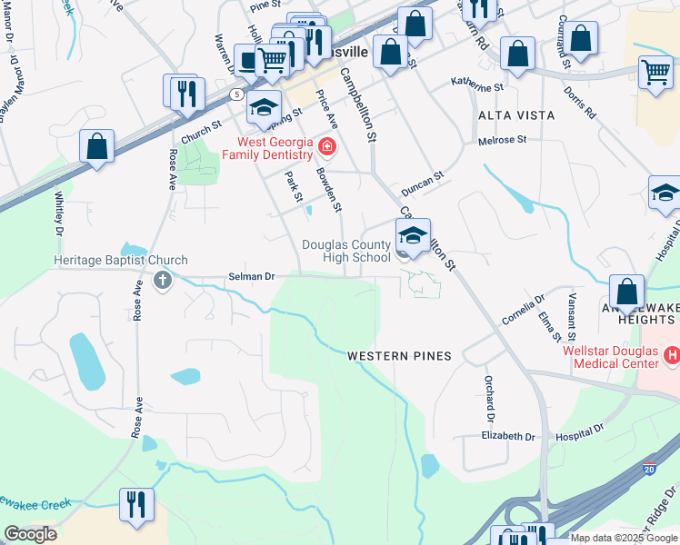 map of restaurants, bars, coffee shops, grocery stores, and more near 8757 Bowden Street in Douglasville