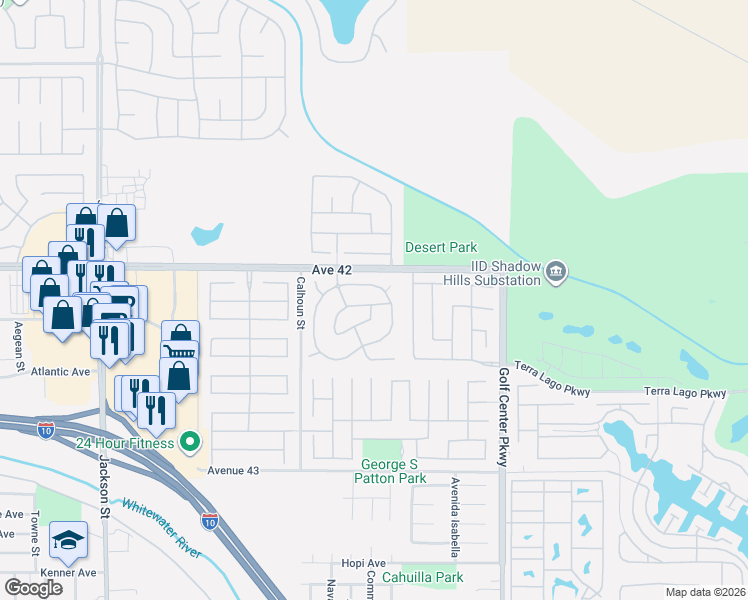 map of restaurants, bars, coffee shops, grocery stores, and more near 42184 Summit Cove in Indio