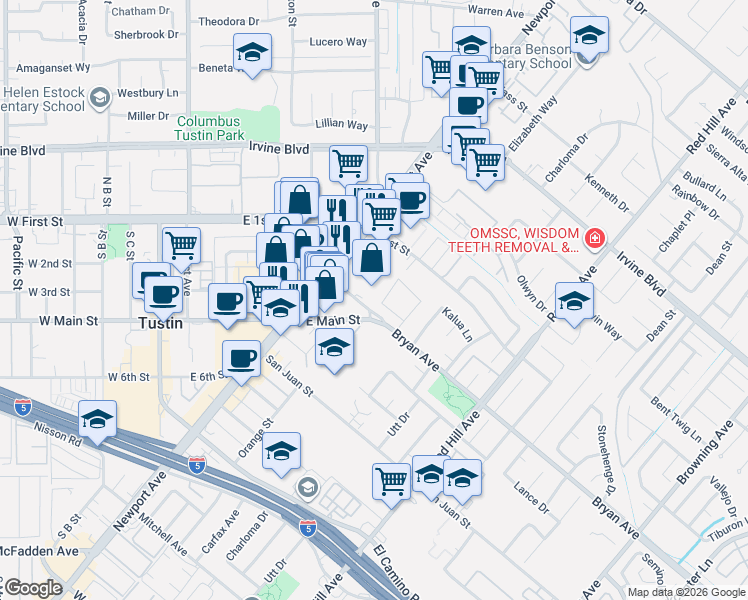 map of restaurants, bars, coffee shops, grocery stores, and more near 13461 Elizabeth Way in Tustin
