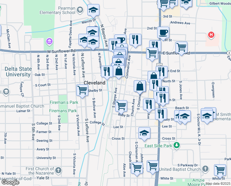 map of restaurants, bars, coffee shops, grocery stores, and more near 301 South Sharpe Avenue in Cleveland