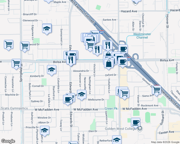 map of restaurants, bars, coffee shops, grocery stores, and more near 6682 Alexandria Drive in Huntington Beach