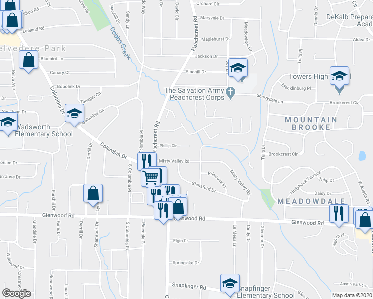 map of restaurants, bars, coffee shops, grocery stores, and more near 3399 Phillip Circle in Decatur