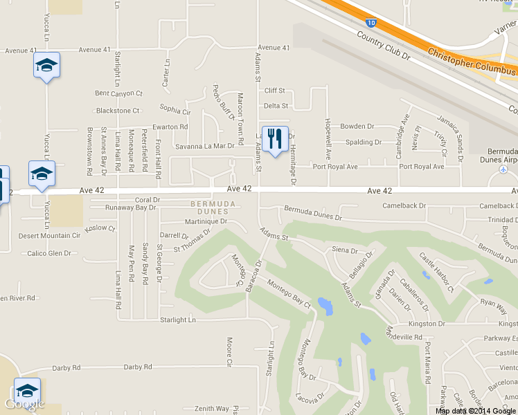 map of restaurants, bars, coffee shops, grocery stores, and more near 78650 Bermuda Dunes Drive in Bermuda Dunes
