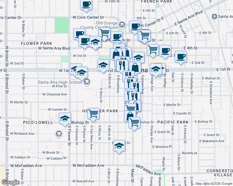 map of restaurants, bars, coffee shops, grocery stores, and more near 320 South Broadway in Santa Ana