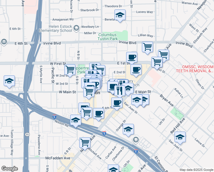 map of restaurants, bars, coffee shops, grocery stores, and more near 240 East 3rd Street in Tustin