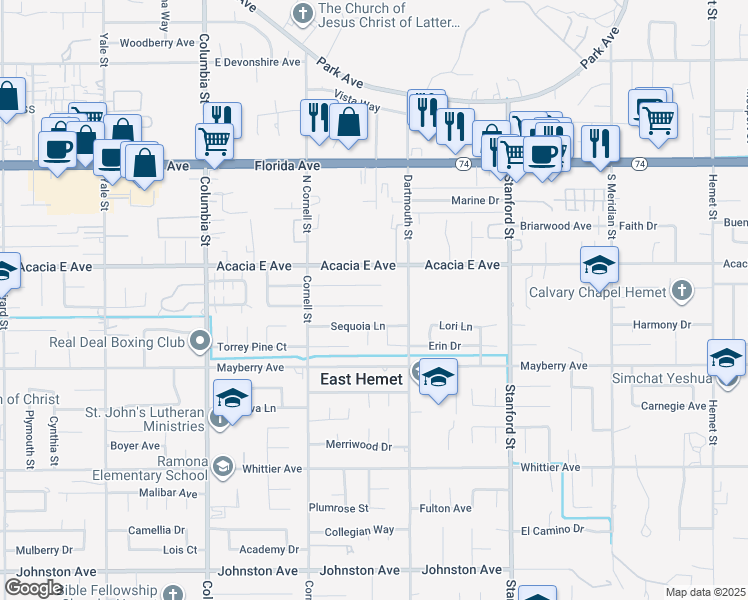 map of restaurants, bars, coffee shops, grocery stores, and more near 41420 Dixon Drive in Hemet