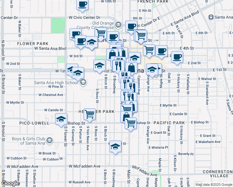 map of restaurants, bars, coffee shops, grocery stores, and more near 320 South Broadway in Santa Ana