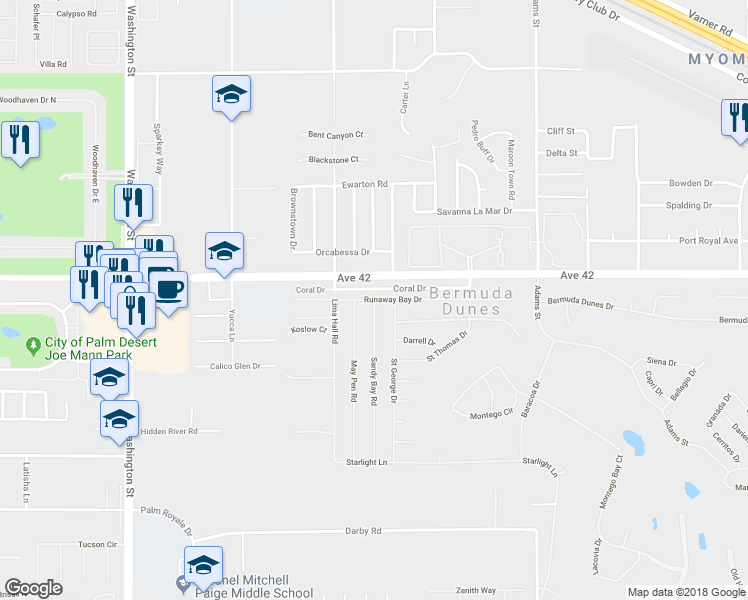 map of restaurants, bars, coffee shops, grocery stores, and more near Runaway Bay Drive & Sandy Bay Road in Bermuda Dunes