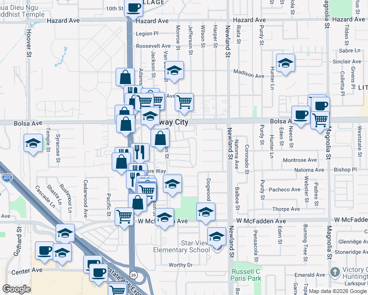 map of restaurants, bars, coffee shops, grocery stores, and more near 8200 Bolsa Avenue in Midway City