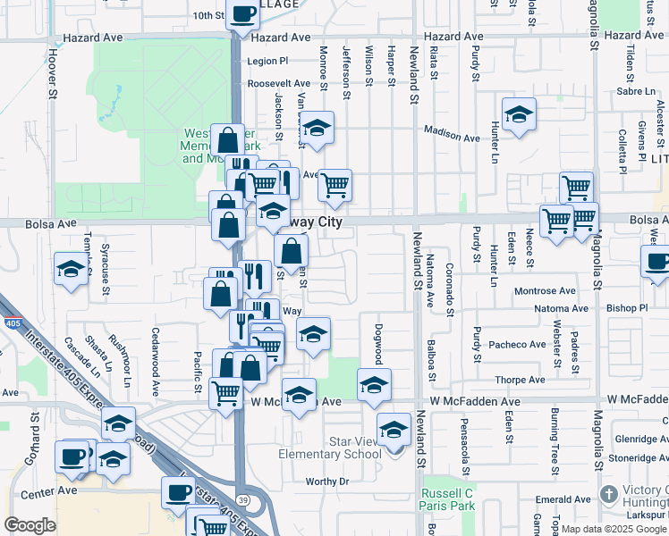 map of restaurants, bars, coffee shops, grocery stores, and more near 8200 Bolsa Avenue in Midway City
