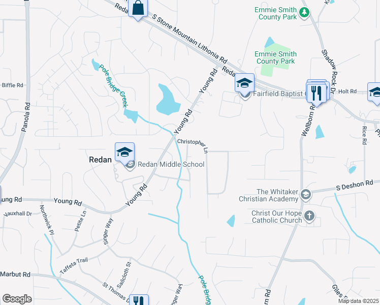map of restaurants, bars, coffee shops, grocery stores, and more near 1654 Tree Line Road in Lithonia