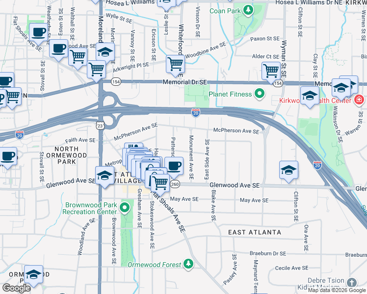 map of restaurants, bars, coffee shops, grocery stores, and more near 1384 Metropolitan Ave SE in Atlanta