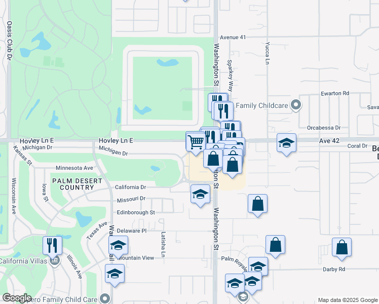 map of restaurants, bars, coffee shops, grocery stores, and more near 42125 Idaho Street in Palm Desert