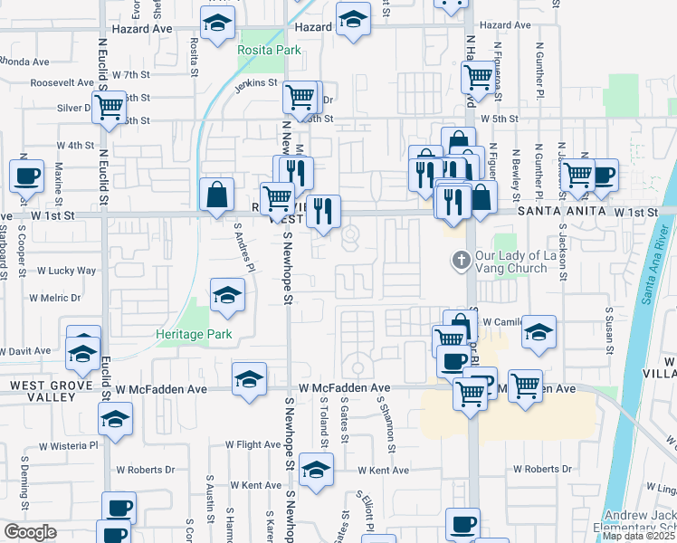 map of restaurants, bars, coffee shops, grocery stores, and more near 315 South Newhope Street in Santa Ana