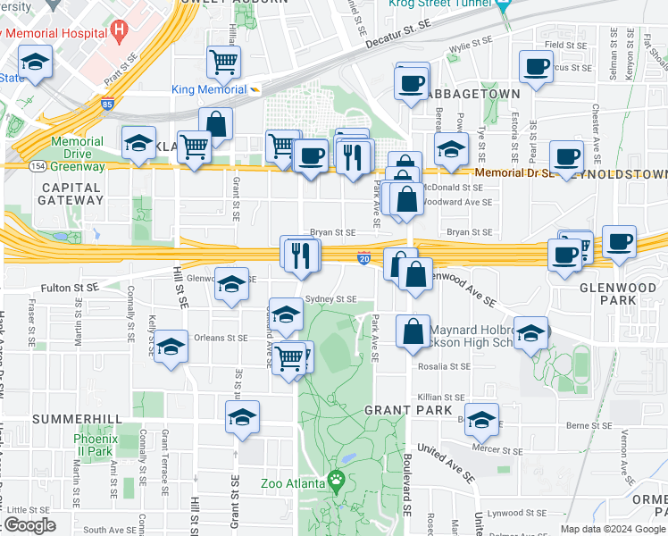 map of restaurants, bars, coffee shops, grocery stores, and more near 481 Glenwood Avenue Southeast in Atlanta