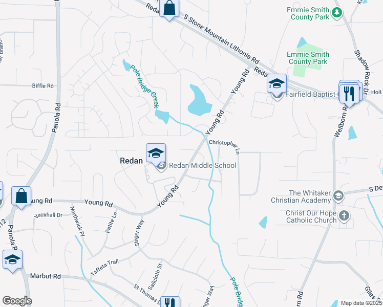 map of restaurants, bars, coffee shops, grocery stores, and more near 5741 Dorian Court in Lithonia