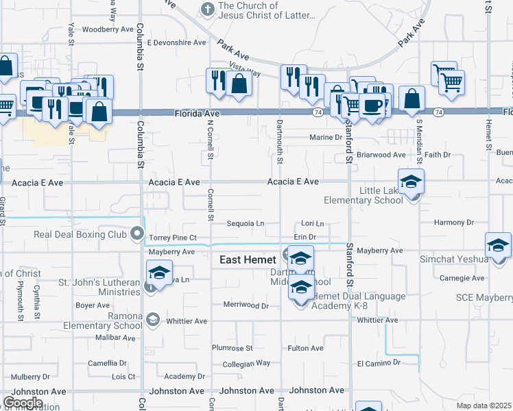 map of restaurants, bars, coffee shops, grocery stores, and more near 41420 Dixon Drive in Hemet