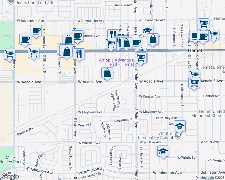 map of restaurants, bars, coffee shops, grocery stores, and more near 1140 Amberwood Drive in Hemet