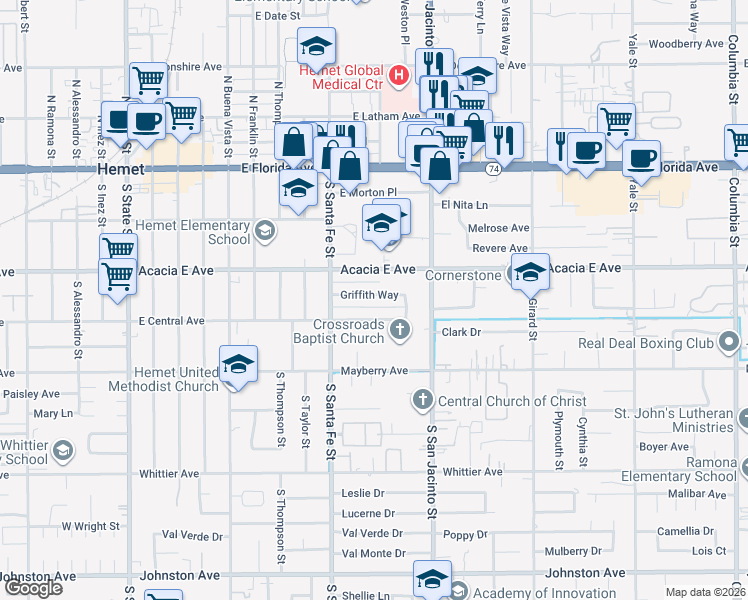 map of restaurants, bars, coffee shops, grocery stores, and more near 1021 Griffith Way in Hemet