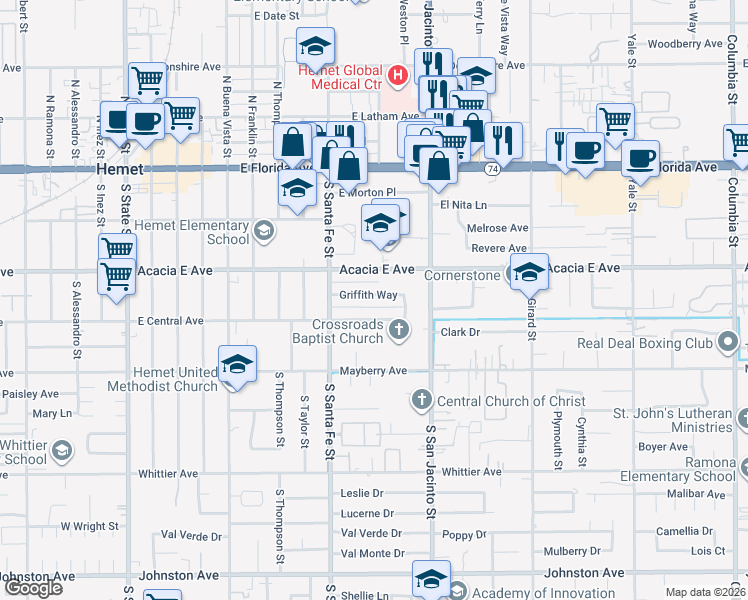 map of restaurants, bars, coffee shops, grocery stores, and more near 1021 Griffith Way in Hemet