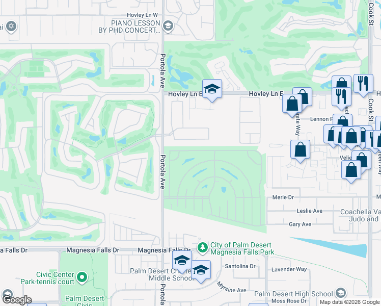 map of restaurants, bars, coffee shops, grocery stores, and more near 74097 Angel Camp Road in Palm Desert