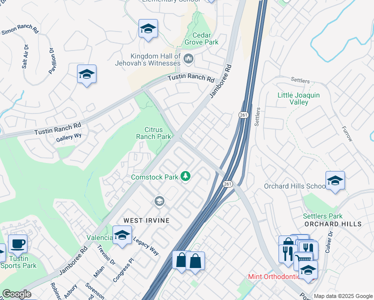 map of restaurants, bars, coffee shops, grocery stores, and more near 83 Linhaven in Irvine