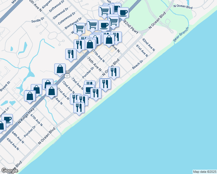 map of restaurants, bars, coffee shops, grocery stores, and more near 201 75th Avenue North in Myrtle Beach