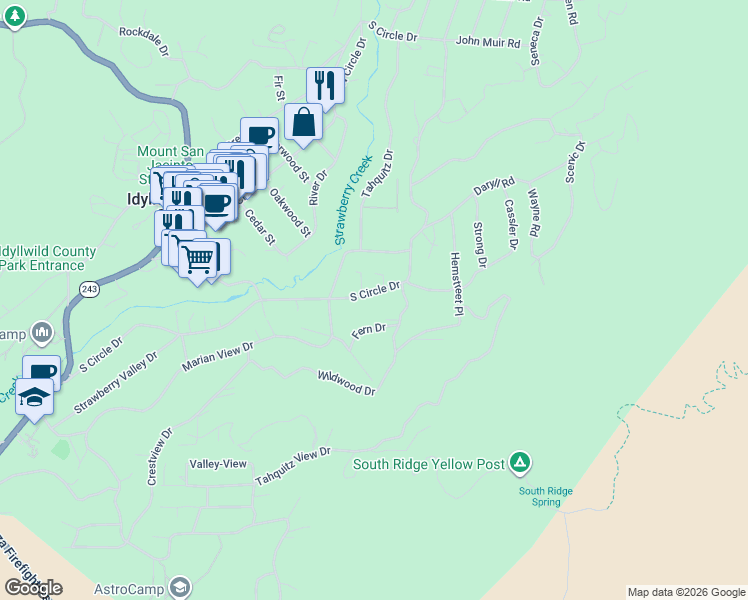 map of restaurants, bars, coffee shops, grocery stores, and more near 54800 Fern Drive in Idyllwild-Pine Cove