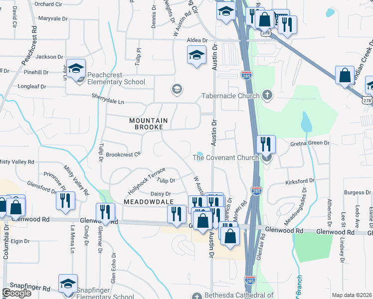 map of restaurants, bars, coffee shops, grocery stores, and more near 1730 West Austin Road in Decatur