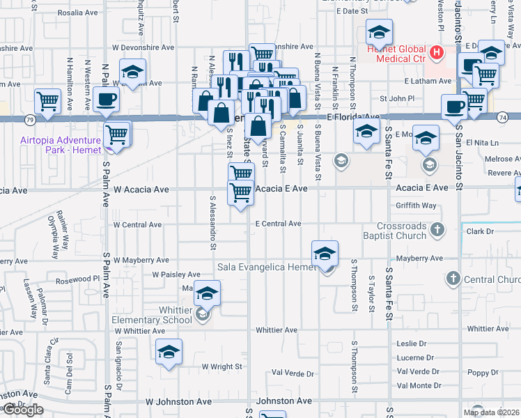 map of restaurants, bars, coffee shops, grocery stores, and more near 347 County Road R3 in Hemet