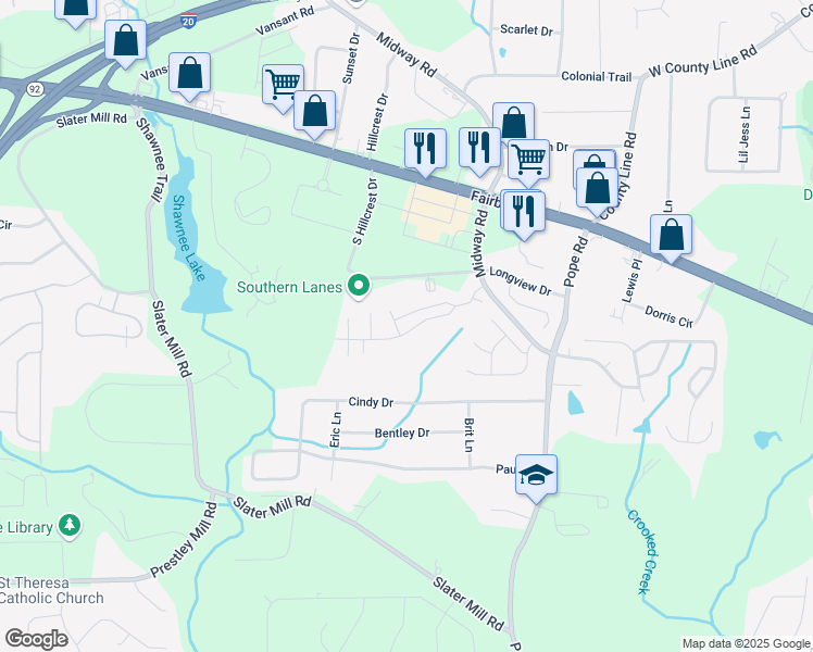 map of restaurants, bars, coffee shops, grocery stores, and more near 2281 Midway Road in Douglasville