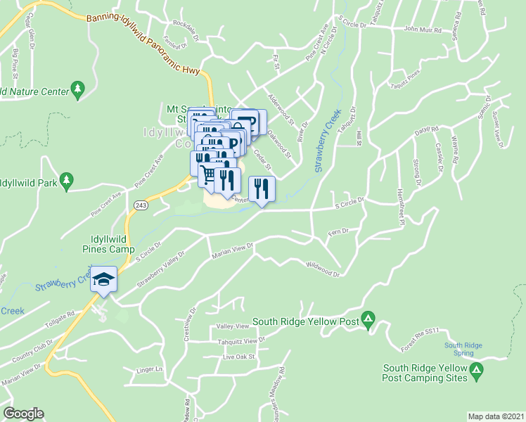 map of restaurants, bars, coffee shops, grocery stores, and more near South Circle Drive in Idyllwild-Pine Cove
