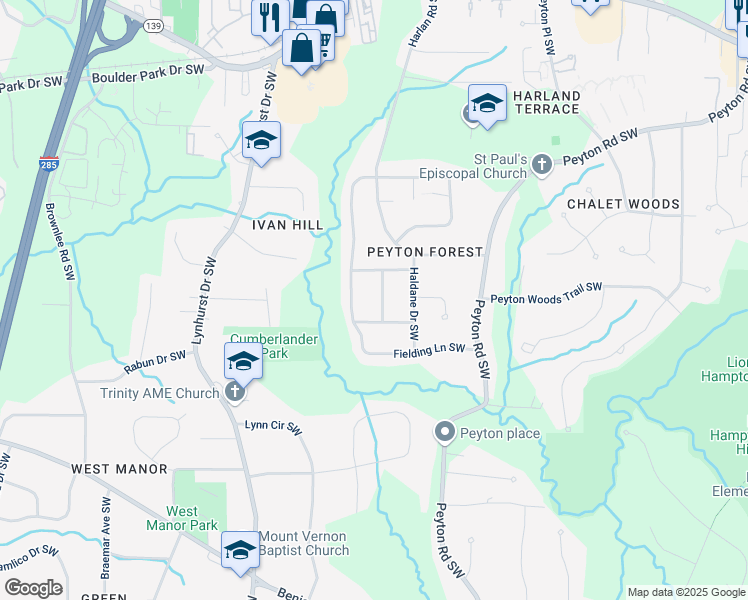 map of restaurants, bars, coffee shops, grocery stores, and more near 490 Fielding Lane Southwest in Atlanta