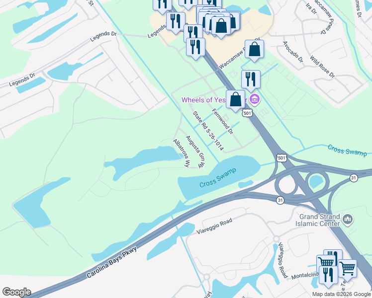 map of restaurants, bars, coffee shops, grocery stores, and more near 225 Greenleaf Circle in Myrtle Beach