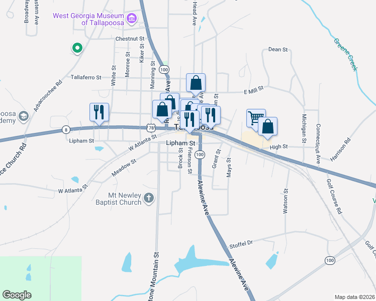 map of restaurants, bars, coffee shops, grocery stores, and more near 125 Frierson Street in Tallapoosa