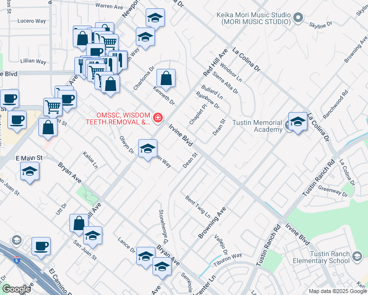 map of restaurants, bars, coffee shops, grocery stores, and more near 1191 Blueberry Way in Tustin