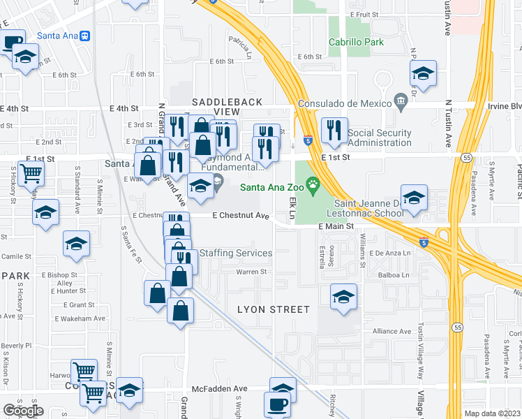 map of restaurants, bars, coffee shops, grocery stores, and more near 1607 East Chestnut Avenue in Santa Ana