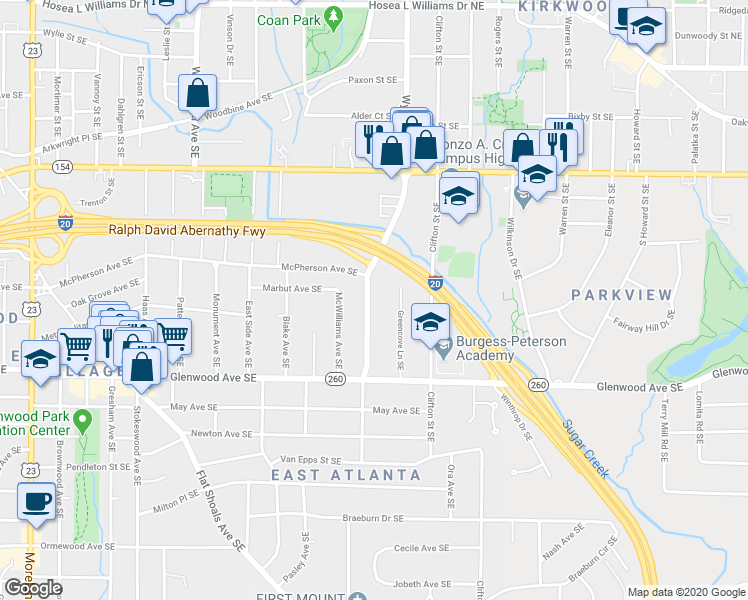 map of restaurants, bars, coffee shops, grocery stores, and more near 390 Maynard Terrace Southeast in Atlanta