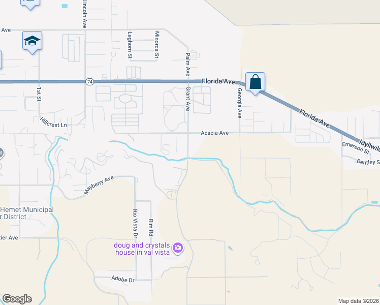 map of restaurants, bars, coffee shops, grocery stores, and more near Grant Avenue in Riverside County