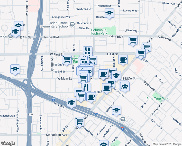 map of restaurants, bars, coffee shops, grocery stores, and more near 274 South Prospect Avenue in Tustin