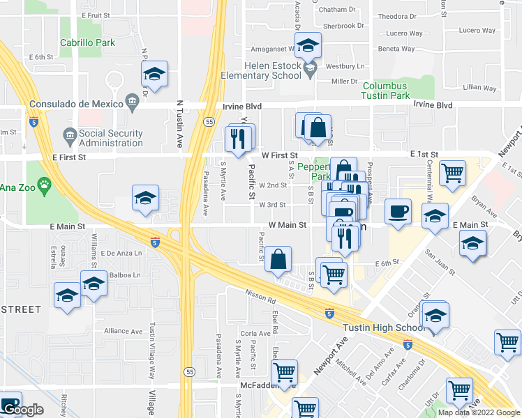 map of restaurants, bars, coffee shops, grocery stores, and more near 530 West 3rd Street in Tustin