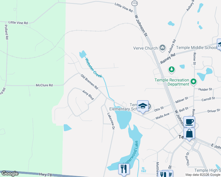 map of restaurants, bars, coffee shops, grocery stores, and more near 401 Old Bremen Road in Temple