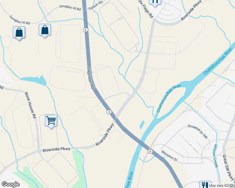map of restaurants, bars, coffee shops, grocery stores, and more near 375 Riverside Parkway in Lithia Springs