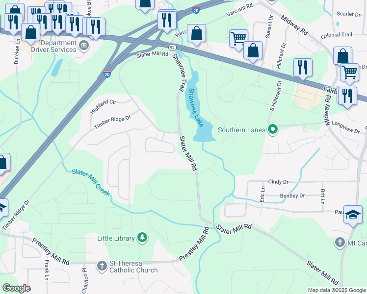 map of restaurants, bars, coffee shops, grocery stores, and more near 2350 Slater Mill Road in Douglasville