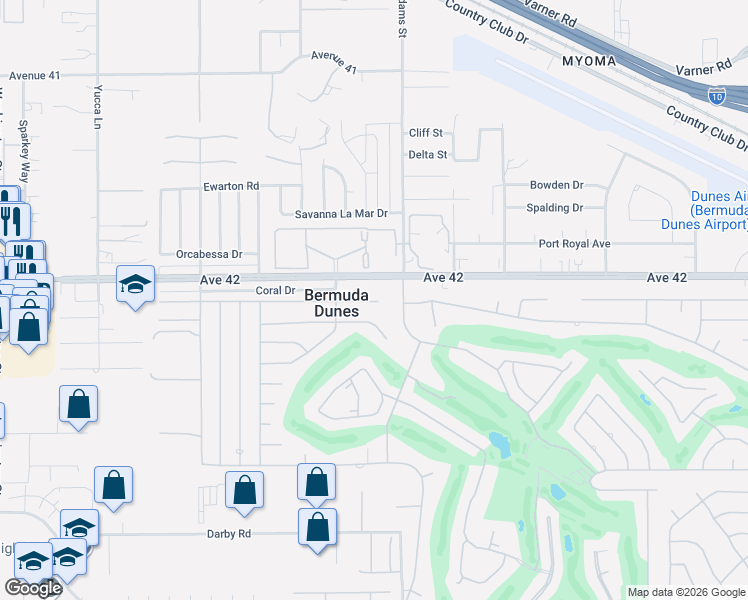 map of restaurants, bars, coffee shops, grocery stores, and more near 78940 Runaway Bay Drive in Bermuda Dunes