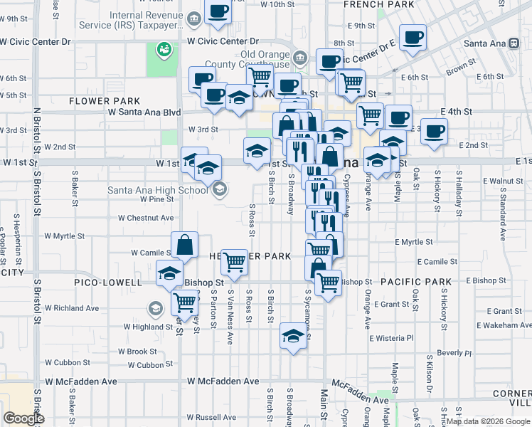 map of restaurants, bars, coffee shops, grocery stores, and more near 407 West Chestnut Avenue in Santa Ana