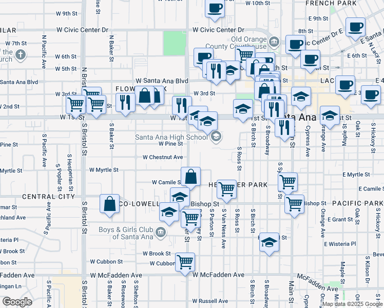 map of restaurants, bars, coffee shops, grocery stores, and more near 325 South Flower Street in Santa Ana