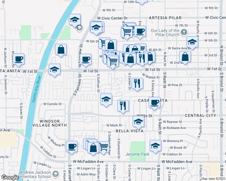 map of restaurants, bars, coffee shops, grocery stores, and more near 210 Royal Lane in Santa Ana